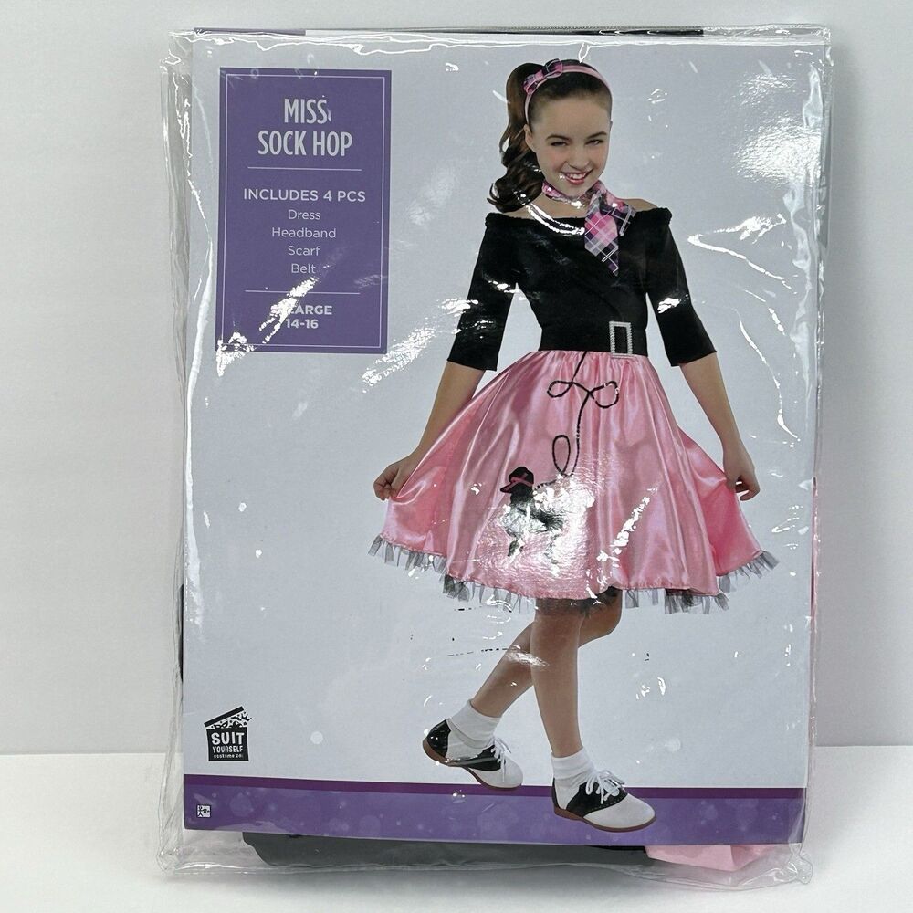 Miss Sock Hop Costume Girls XL 14-16 Pink Black Poodle Skirt Dress Lace Scarf